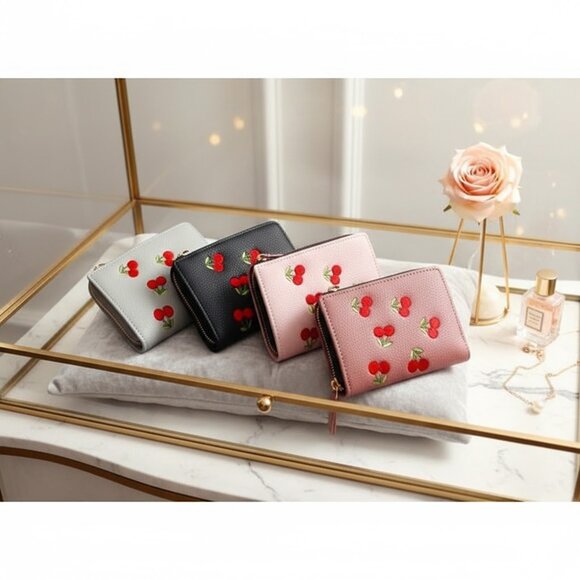 FAUX LEATHER CHERRY BI FOLD MULTI SLOT COIN WALLET PURSE - Picture 1 of 12